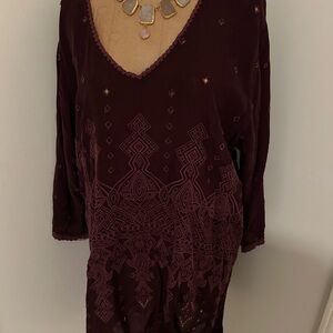 Johnny Was Bohemian Burgundy Embroidered Tunic